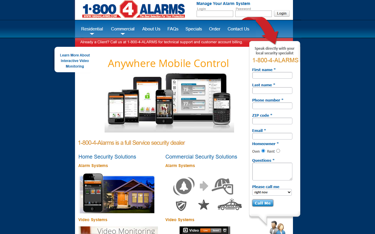 18004alarms.com screenshot